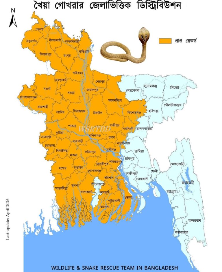 বাংলাদেশের বিভিন্ন অঞ্চলে ইন্ডিয়ান কোবরা (গোখরা) সাপের বিস্তার: ডব্লিউএসআরটিবিডি